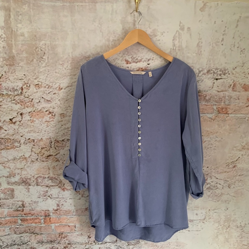 Soft Surroundings Roll Tab Sleeves Pullover Blouse Button Front